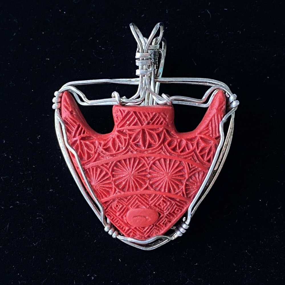 Carved Red Faux Cinnabar & Handmade Silver Wire Wrapped Pendant 1.5”